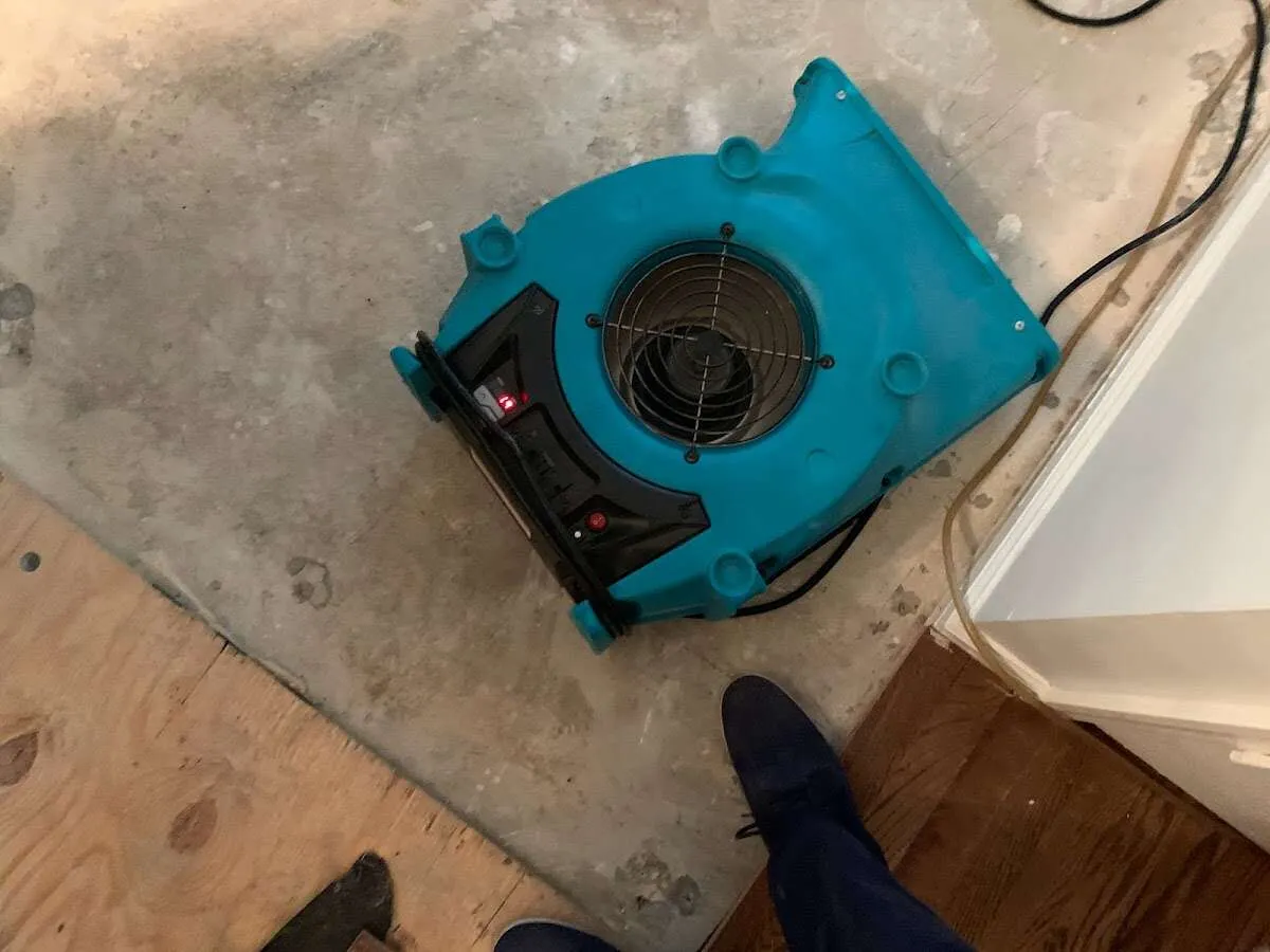 Air mover drying subfloor during Commercial Water Damage Restoration in Blendon
